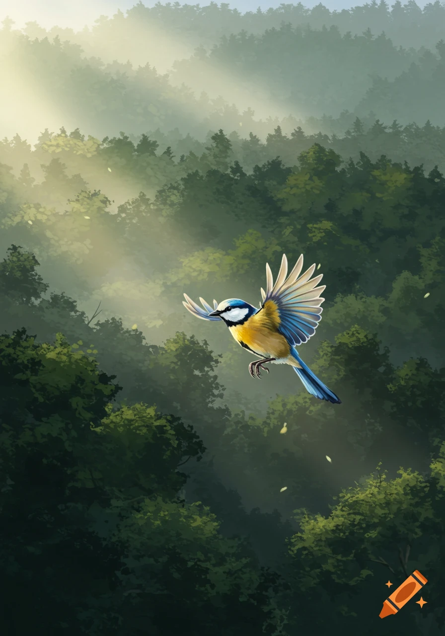 A blue and yellow bird with outstretched wings flies through a sunlit, misty forest.