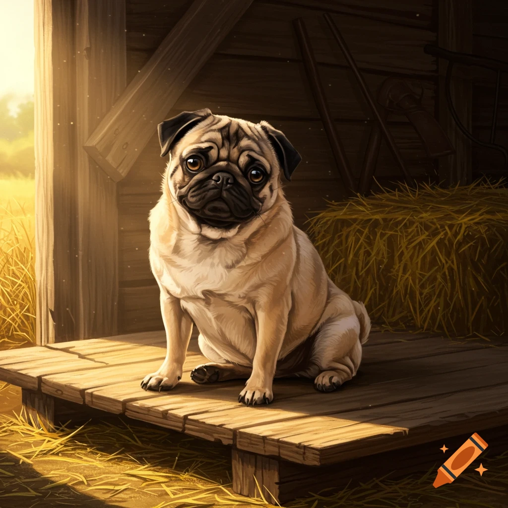 A cute pug dog sits on a wooden pallet inside a rustic barn, illuminated by warm sunlight.