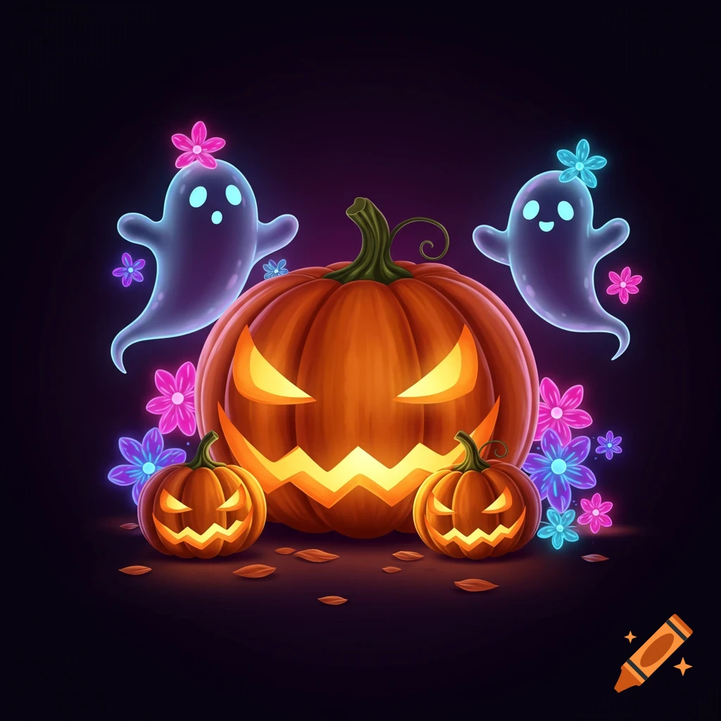 A vibrant digital illustration of a glowing jack-o'-lantern surrounded by smaller pumpkins, cute ghosts, and neon flowers on a dark background.