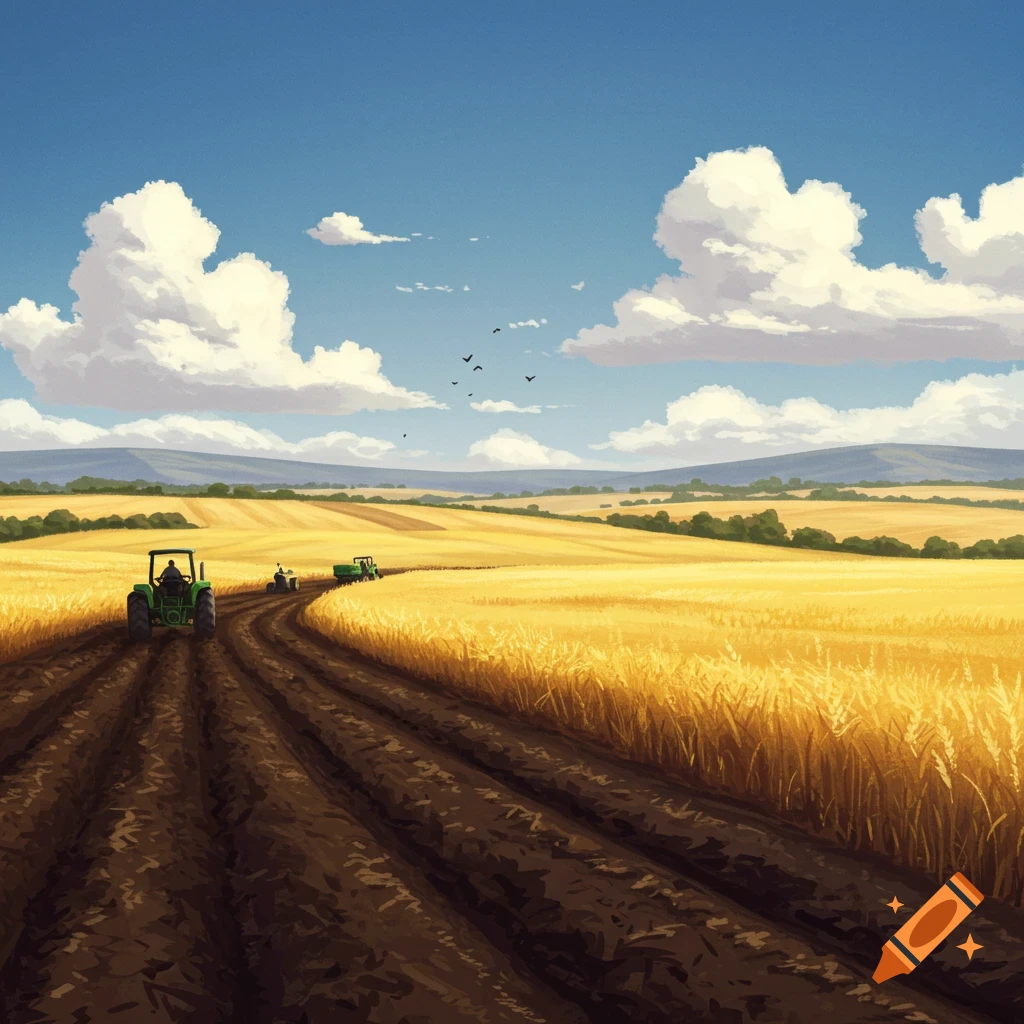 Green tractors plow dark brown furrows through golden fields under a bright blue sky with white clouds.