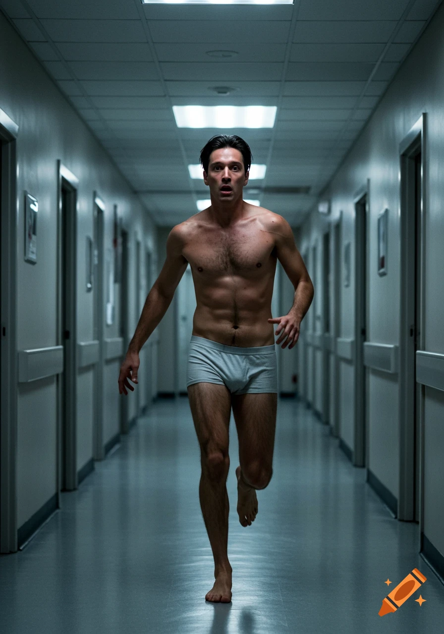 A photorealistic image of a shirtless man in grey underwear, with a horrified expression, running down a dimly lit medical corridor.
