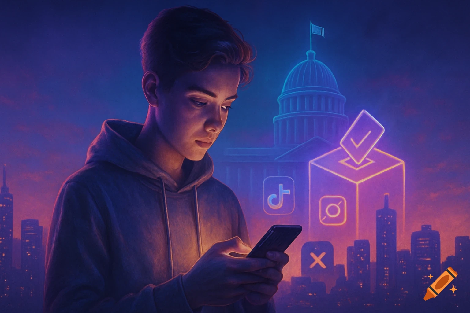 A young person looks at a smartphone, illuminated by its screen, against a neon-lit city skyline with social media icons, a parliament building, and a glowing voting box.