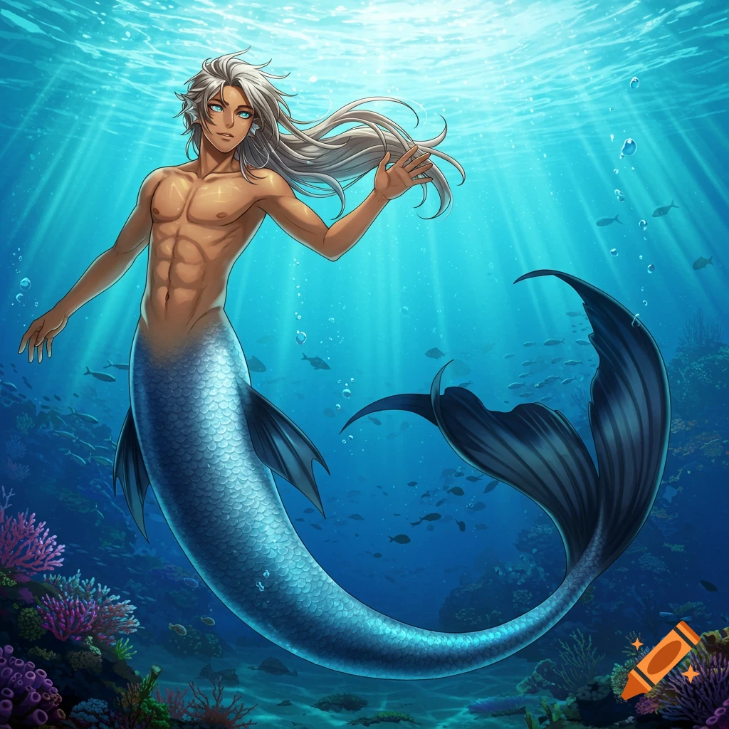 Anime merman with long white hair and icy blue eyes, swimming underwater in a vibrant coral reef.