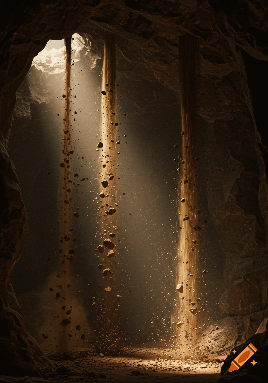 Sunlight streams into a dark cave, illuminating columns of falling earth and small rocks.