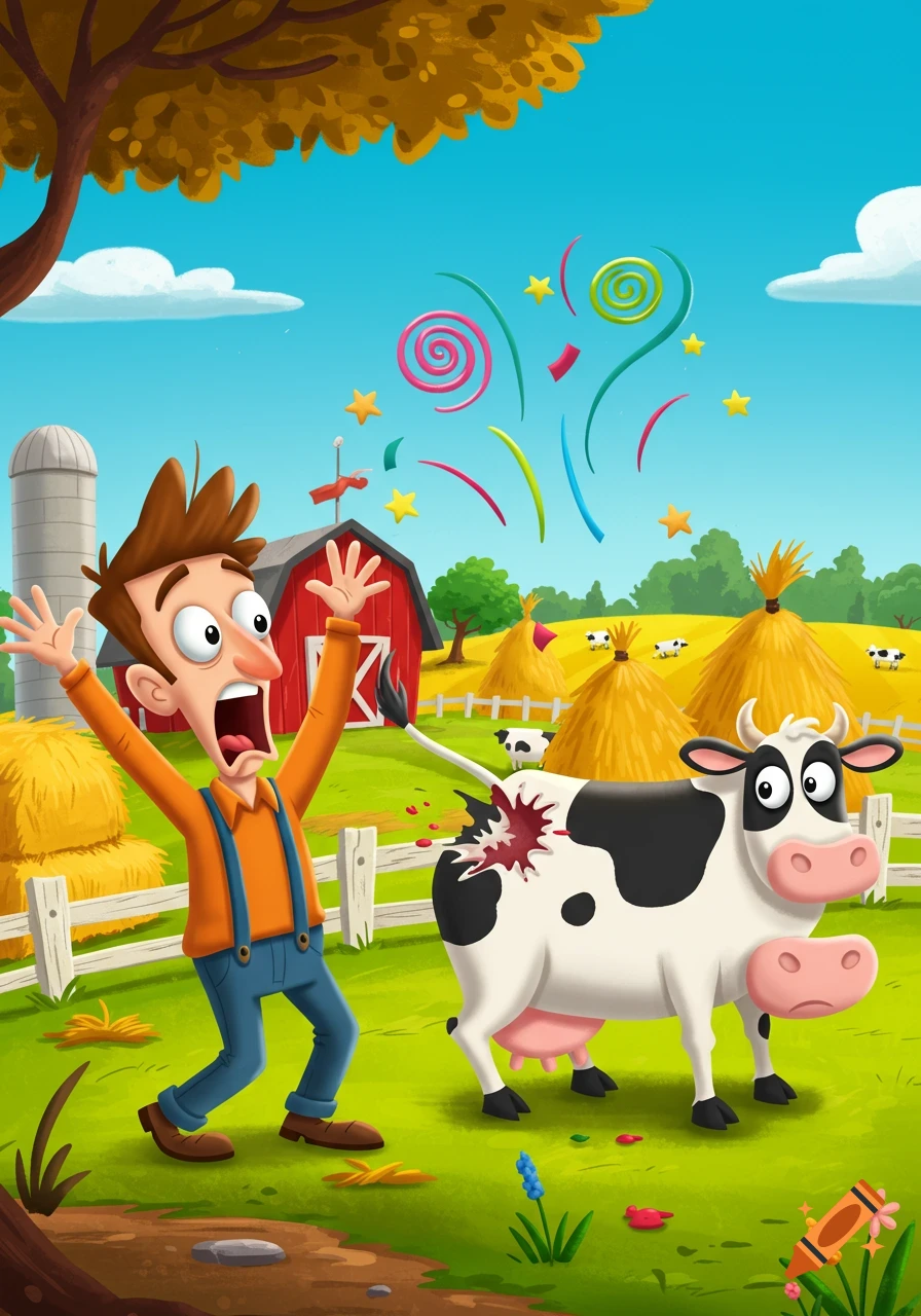 A cartoon farmer looks shocked as a cow's tail bursts into colorful shapes on a sunny farm.