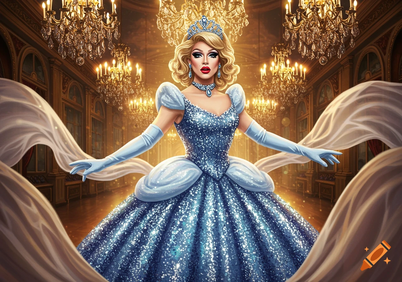 A drag queen in a sparkling blue Cinderella gown stands elegantly in a grand ballroom with crystal chandeliers.