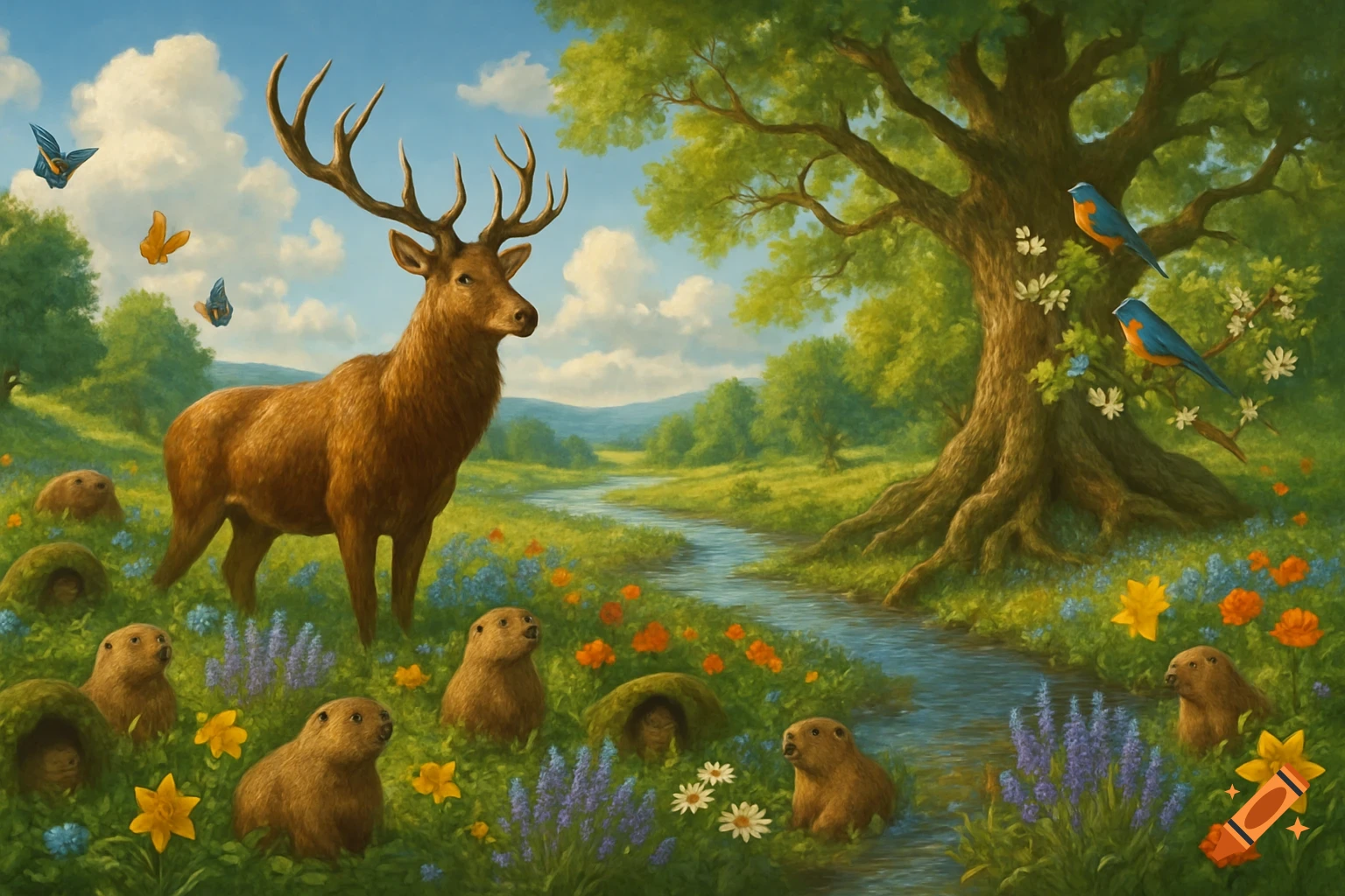 A picturesque painted landscape with a majestic stag, various small mammals, and colorful birds by a winding river.