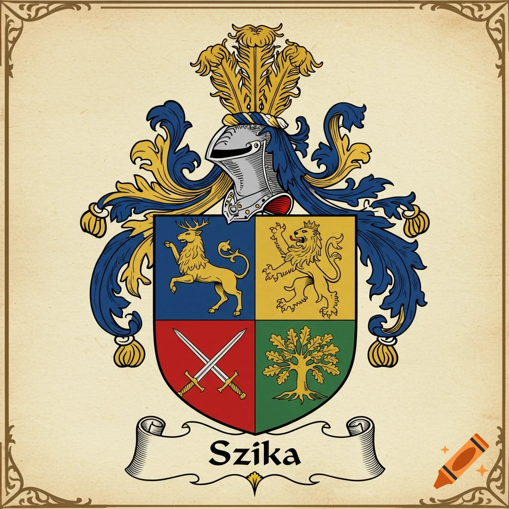 A classic coat of arms featuring a deer, a lion, crossed swords, and an oak tree, with "Szika" on a banner below.