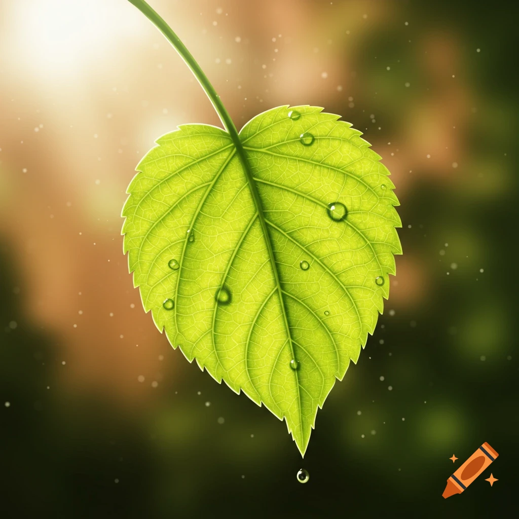 Close-up of a vibrant green leaf covered in water droplets, with one falling from the tip, against a soft, blurry natural background.