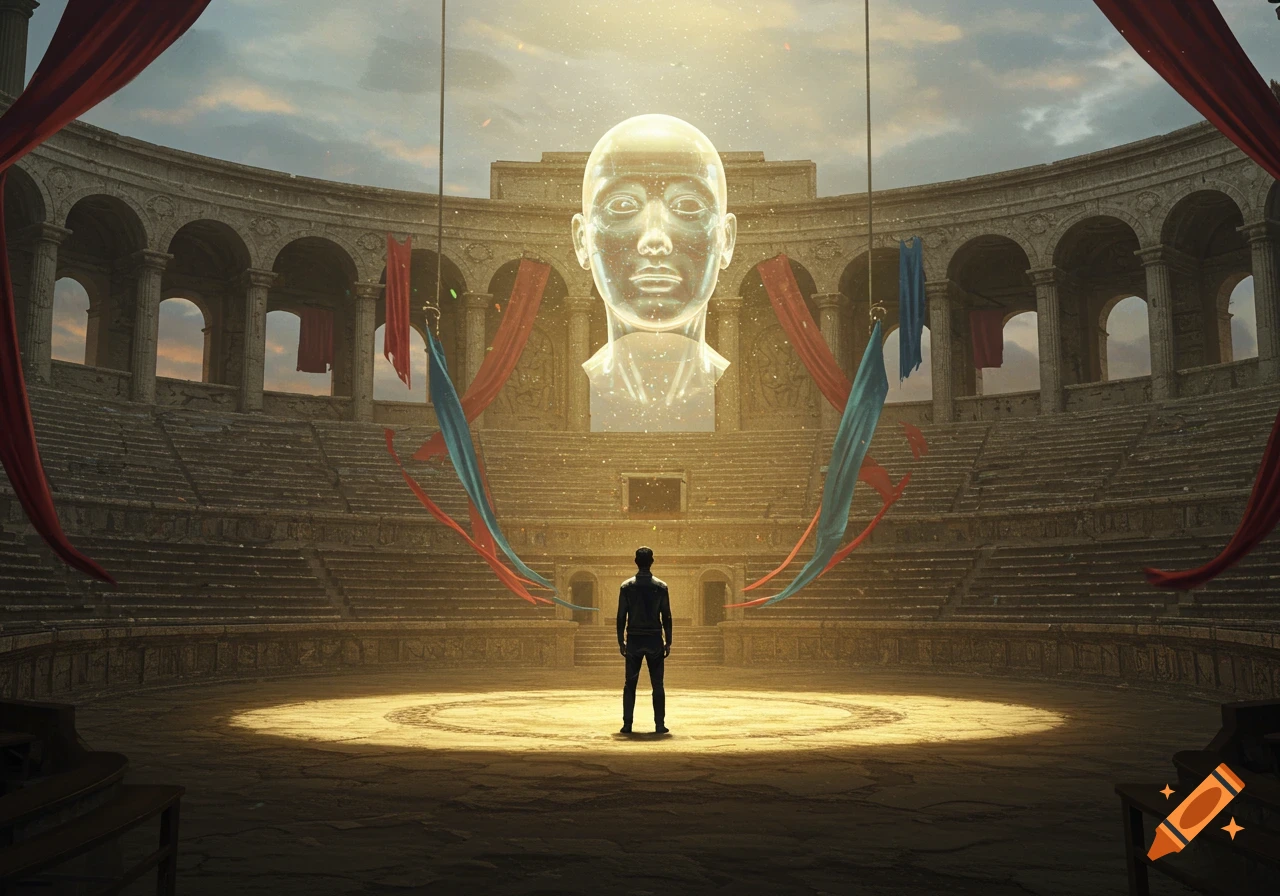 A man in an ancient amphitheater looks up at a glowing holographic head, with red and blue fabrics hanging from the arches.