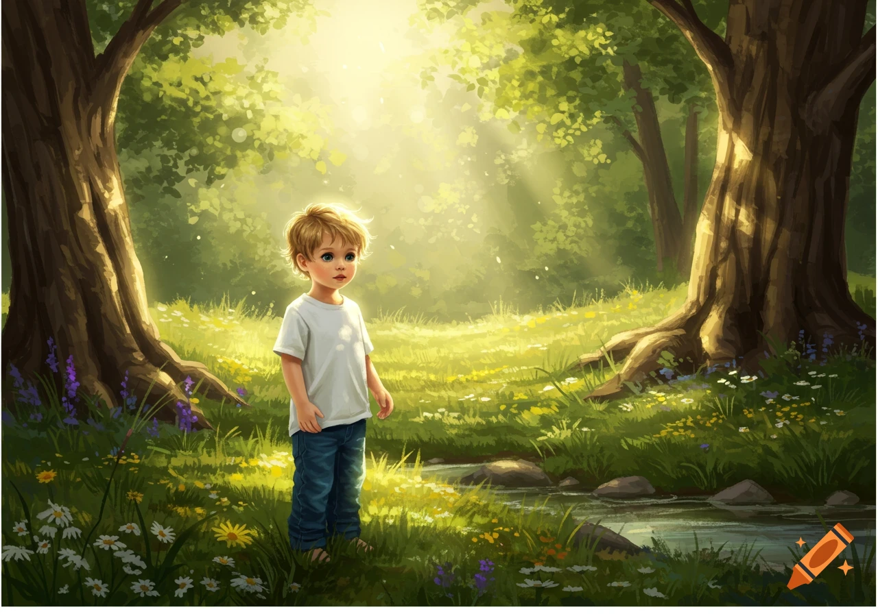 A young boy with blonde hair stands in a sunlit forest clearing filled with green grass, wild flowers, and large trees.