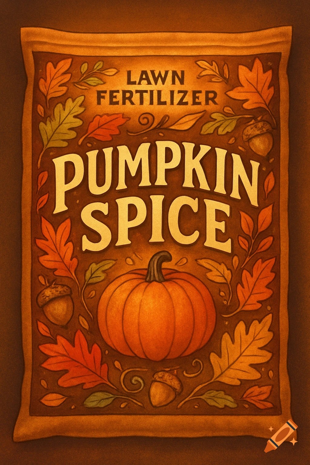 An illustrated bag of 'Pumpkin Spice Lawn Fertilizer' featuring autumn leaves, acorns, and a large pumpkin.