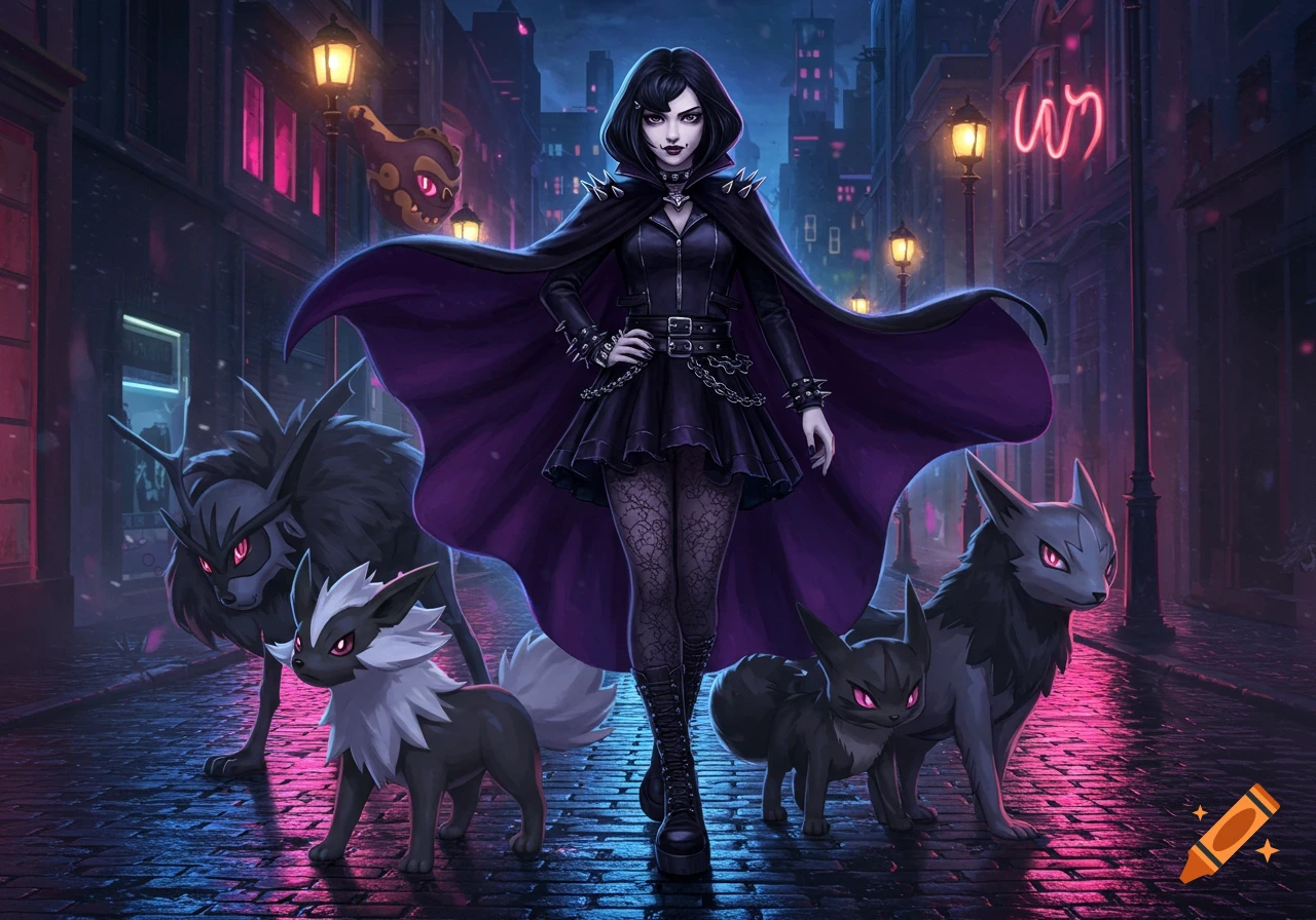 A goth woman in a purple cape stands on a neon-lit city street at night with several dark, wolf-like Pokemon.
