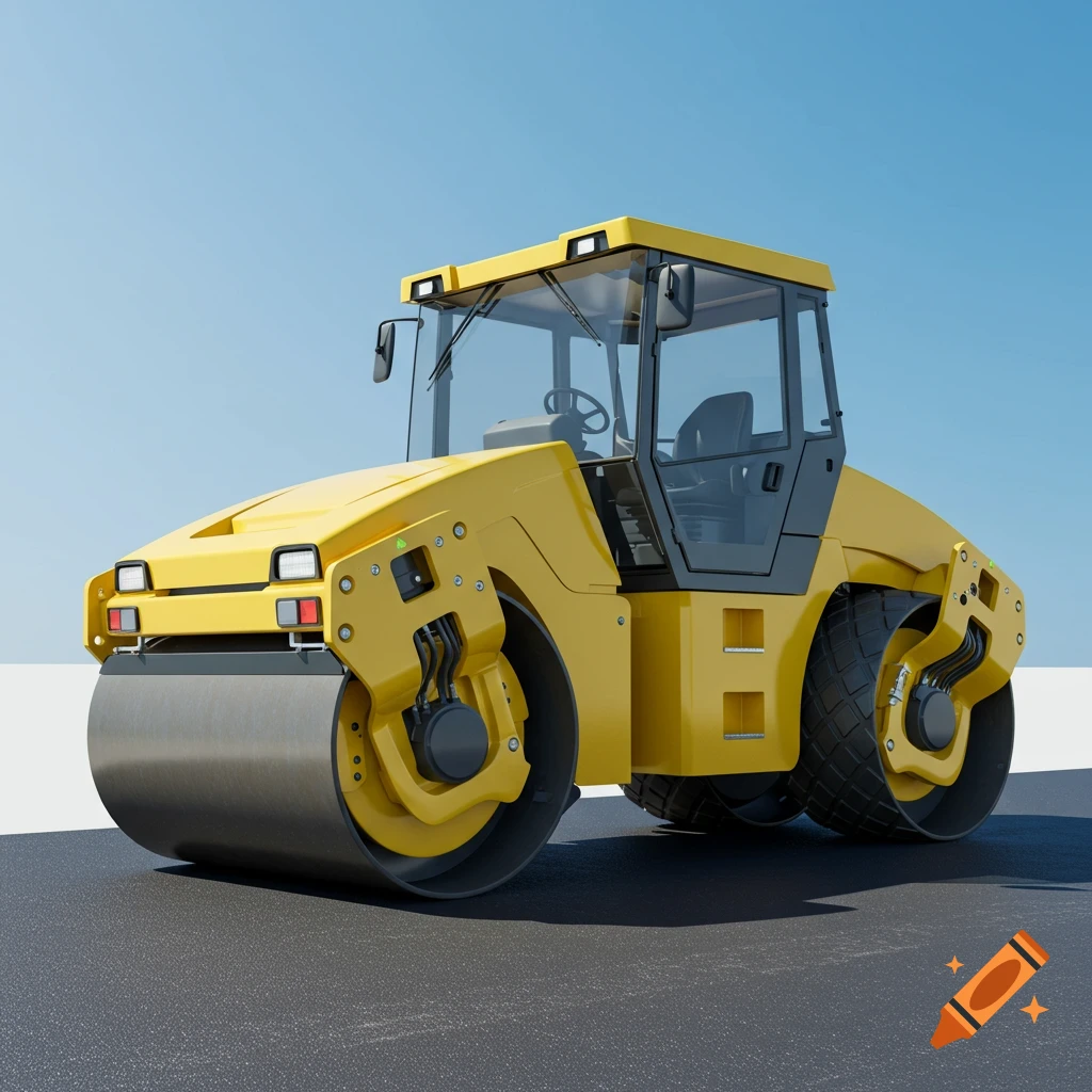 A bright yellow modern road roller with a large front drum on asphalt under a clear blue sky.