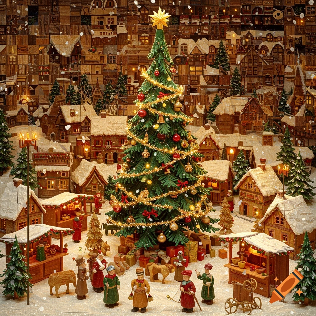 A festive Christmas village scene with a large decorated tree, snow-covered houses, market stalls, and small wooden figures, crafted in a mosaic style.