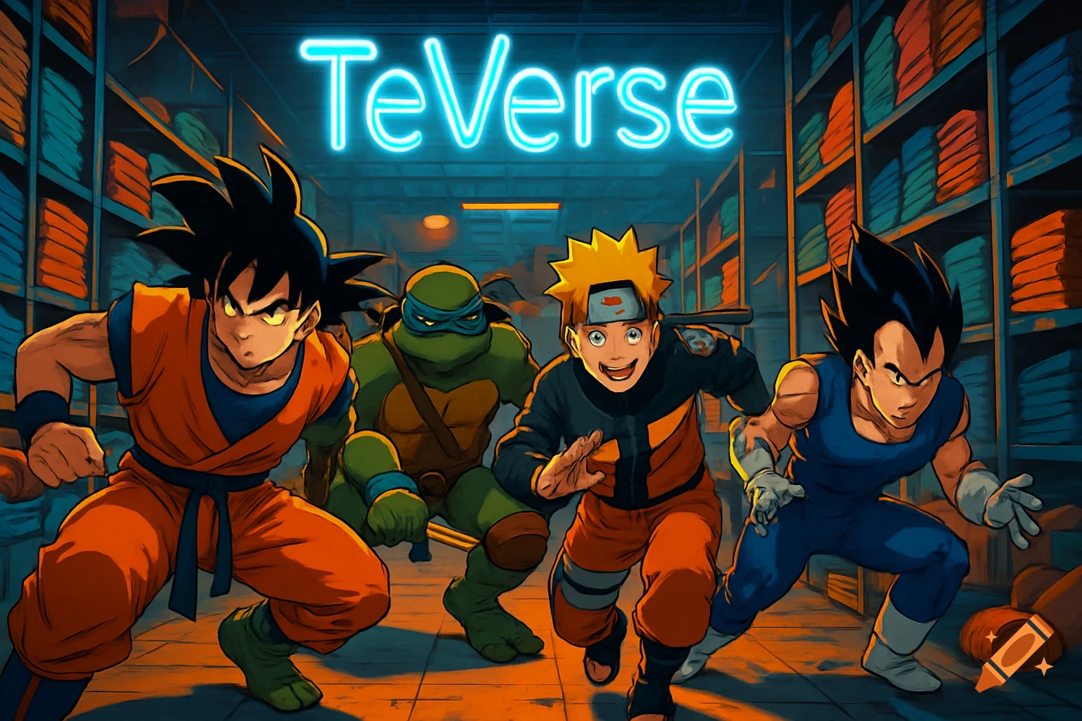 Anime characters Goku, a Ninja Turtle, Naruto, and Vegeta run through a warehouse with a glowing TeVerse sign.