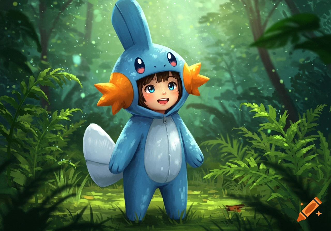 A smiling child in a blue Mudkip Pokemon costume stands in a lush green forest, rendered in a bright digital art style.