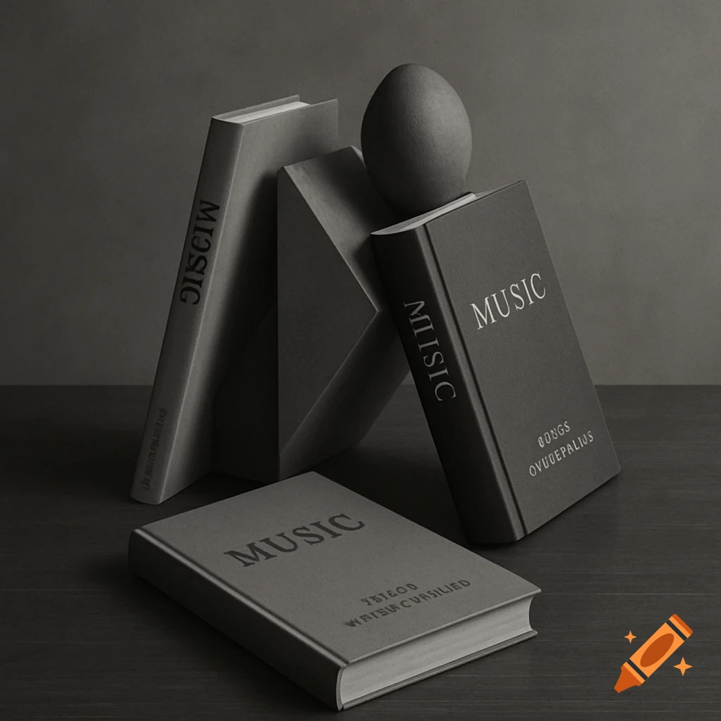 Grayscale still life with books titled 'MUSIC' stacked and lying down, with an egg balancing on one.