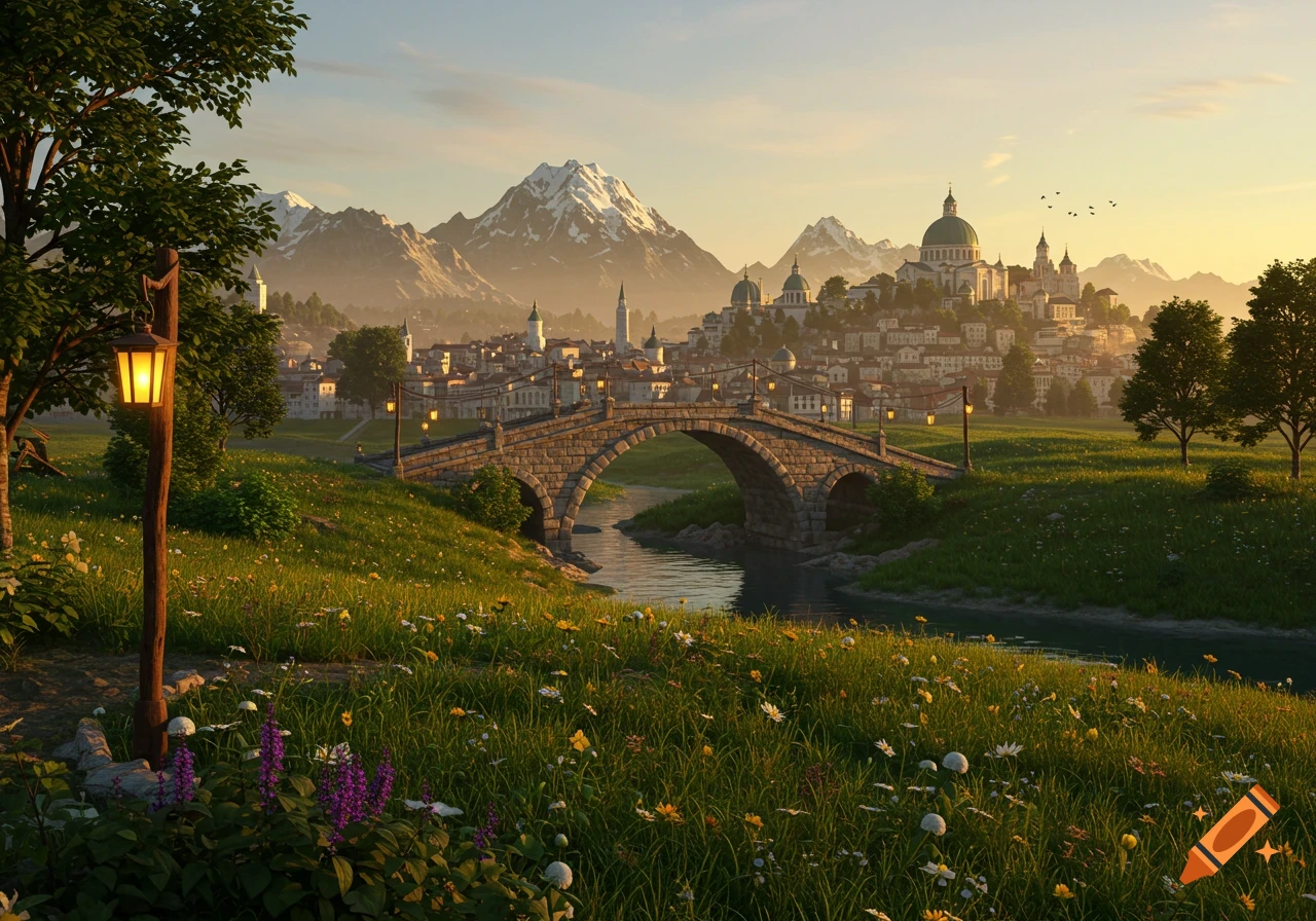 A scenic landscape at sunset with a stone arch bridge over a river leading to a hillside town, backed by snowy mountains.