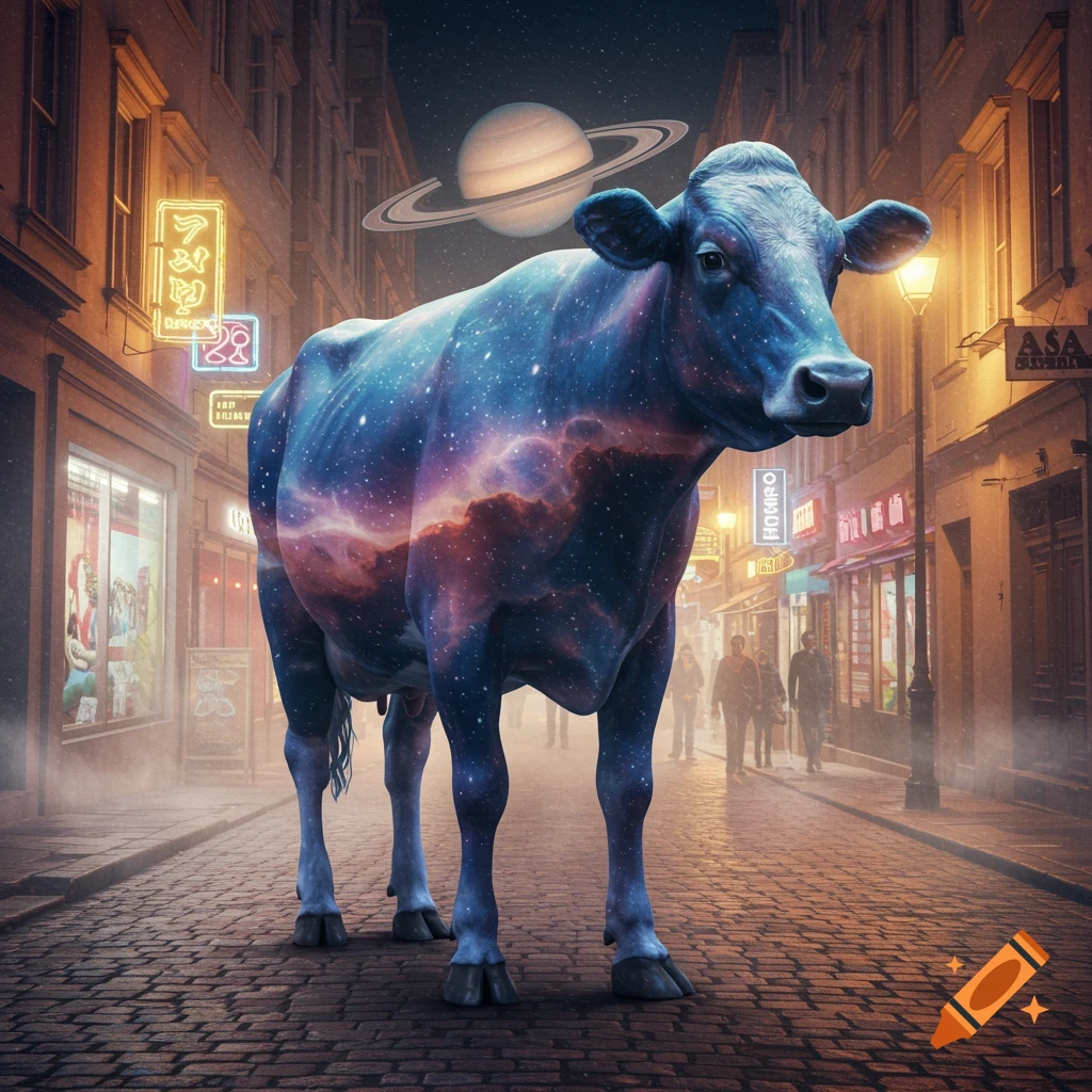 A cow, its body like a galaxy with stars and nebulae, stands on a cobblestone street at night, with Saturn visible in the dark sky above. Neon signs glow on the buildings lining the street.