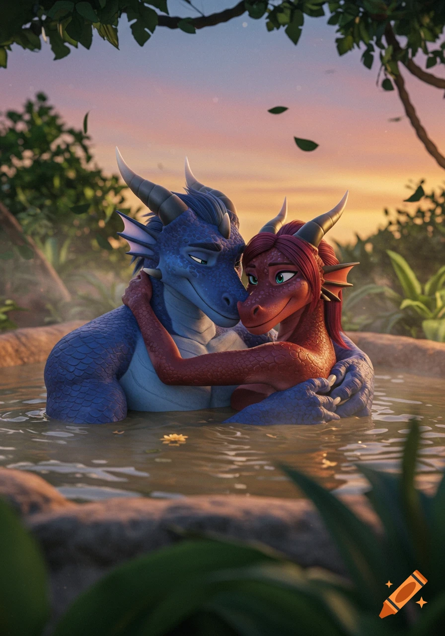 A blue male dragon and a red female dragon embrace happily in a jungle hot tub at sunset, 3D animation style.