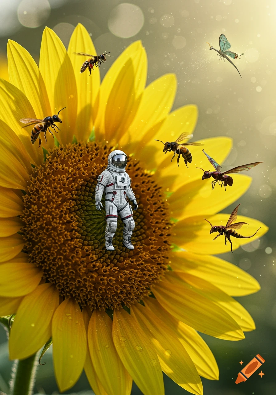A small astronaut stands on a large sunflower, surrounded by flying bees, hornets, and a butterfly in a sunny macro shot.