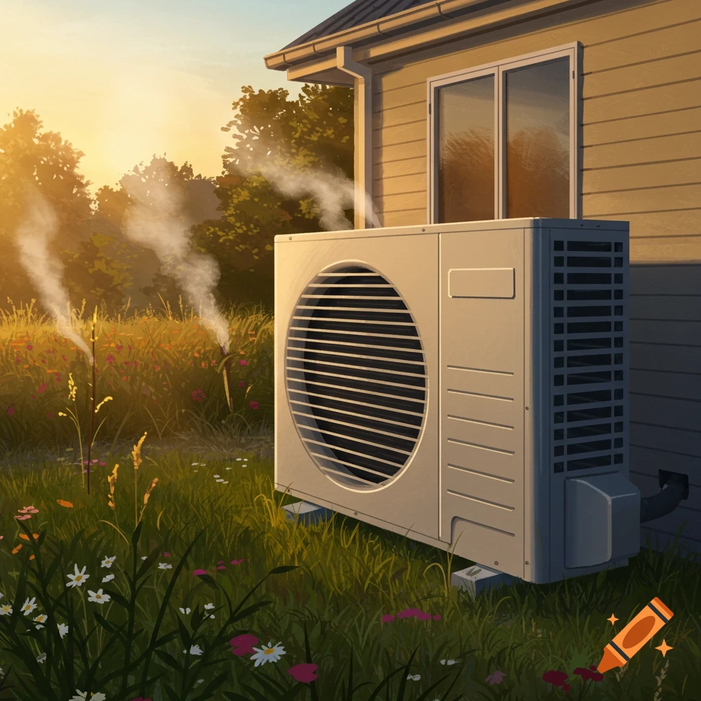 An illustrated heat pump unit sits in tall grass next to a house during sunset.