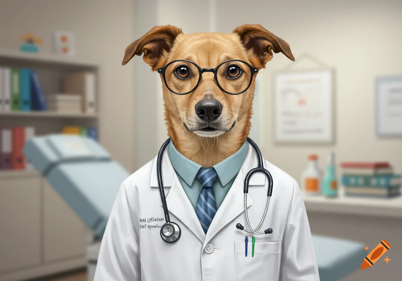Photorealistic image of a brown dog with glasses, dressed as a doctor with a lab coat, tie, and stethoscope in a clinic.