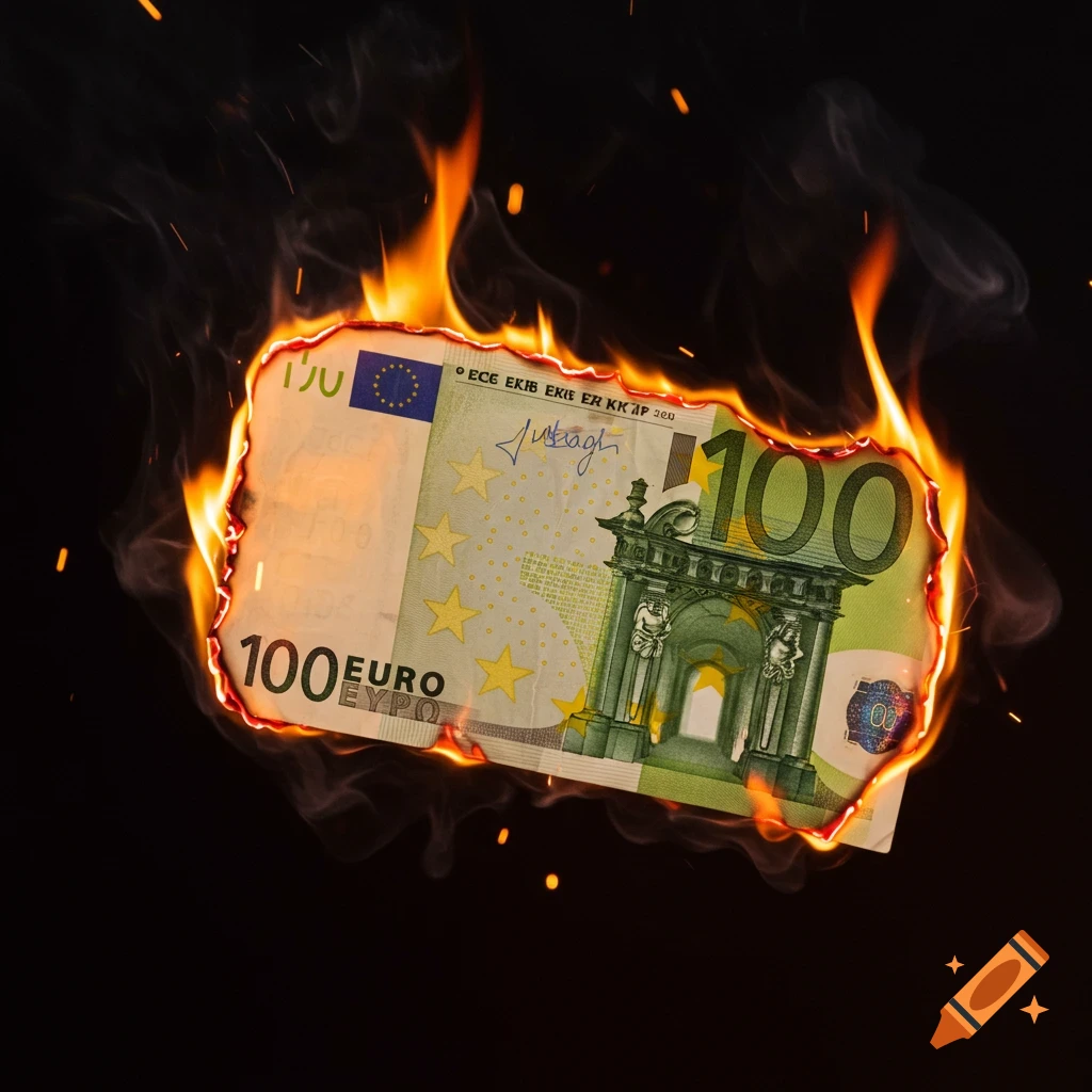 A photorealistic image of a 100 Euro bill engulfed in flames and smoke against a dark background.