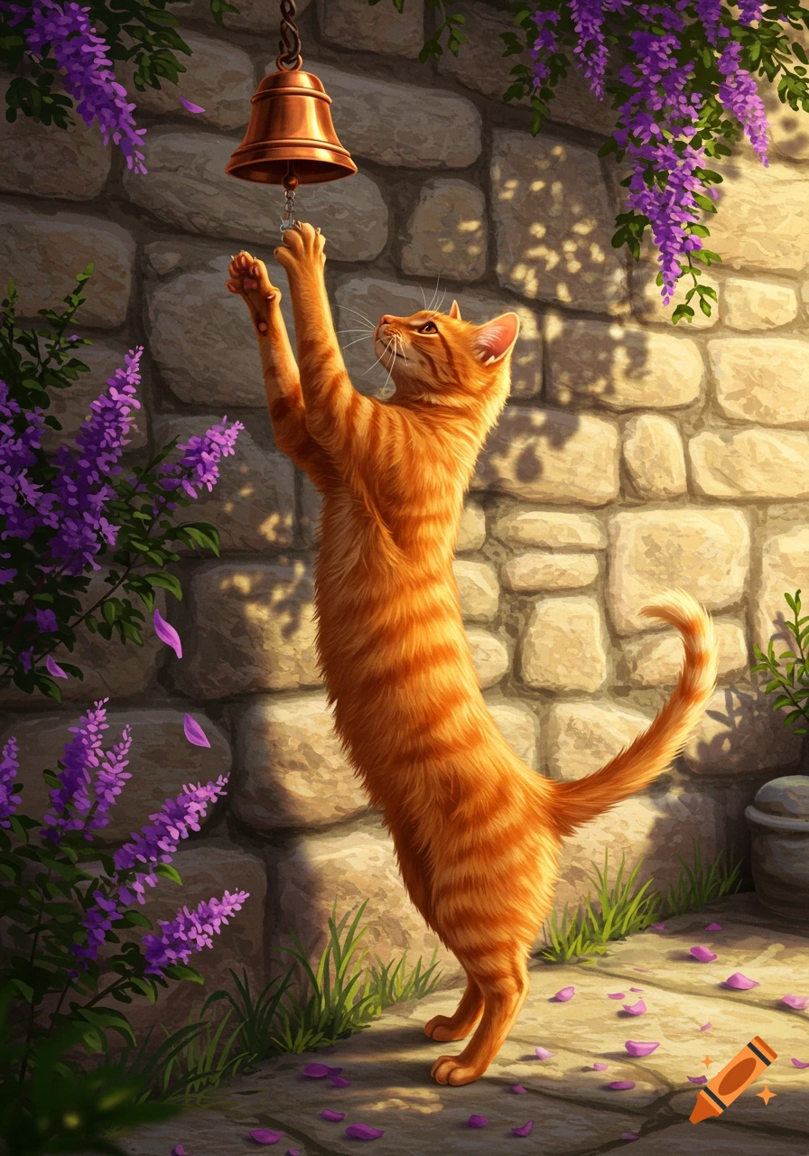 Detailed illustration of an orange tabby cat stretching up a stone wall covered in purple flowers to reach a brass bell in sunlight.