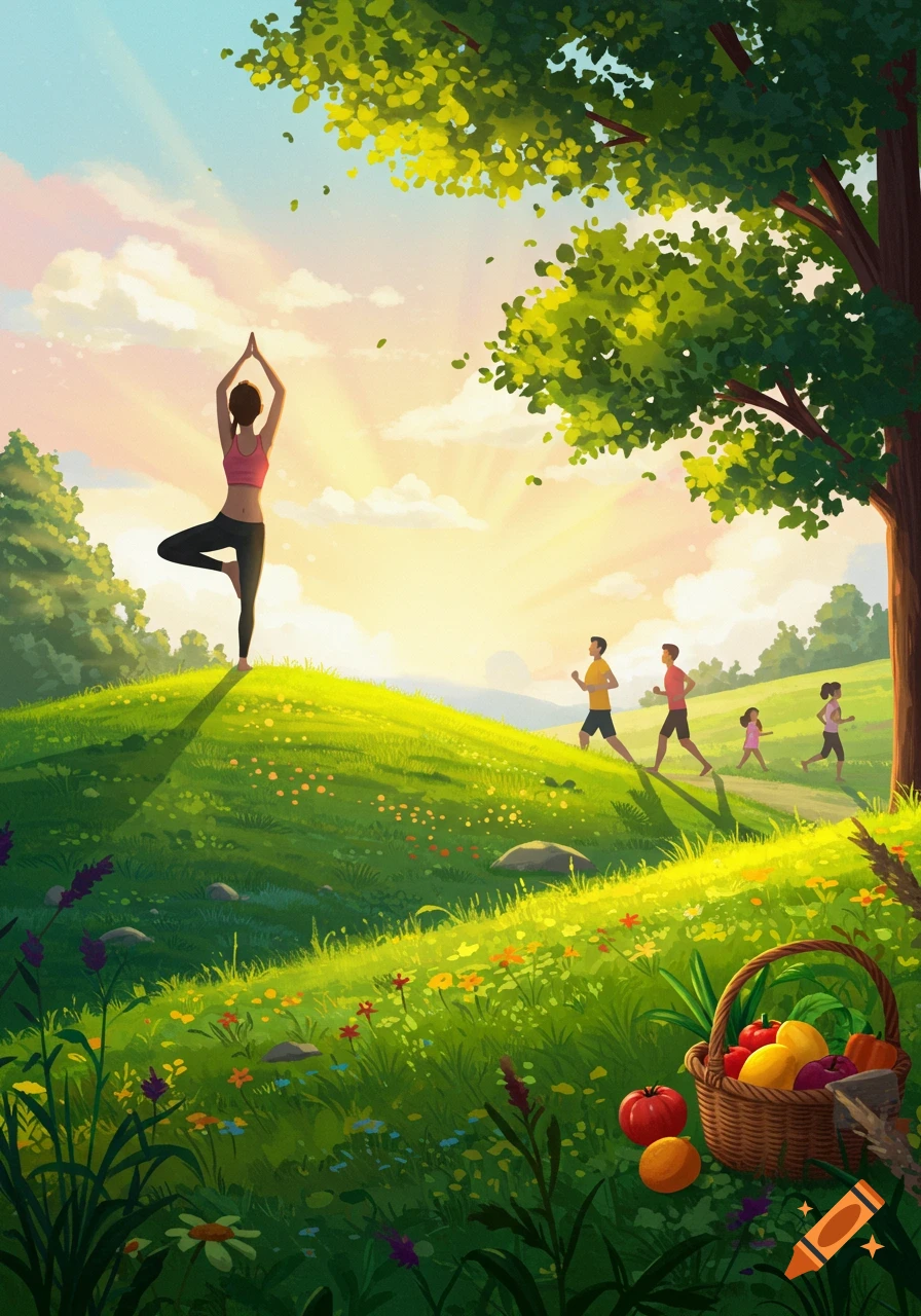 Illustrated scene of a woman doing yoga and people running on a sunny green hillside with a basket of fresh produce. Healthy lifestyle concept.