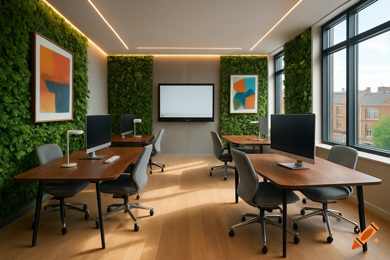 A modern office space with wooden desks, ergonomic chairs, computer monitors, and green living walls, under linear ceiling lights.