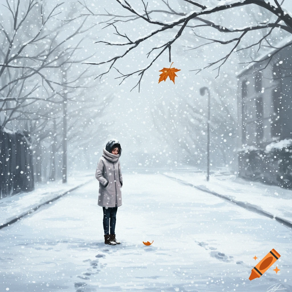 An illustrated lonely figure in a grey coat stands on a snowy street under bare tree branches, with falling snow and orange leaves.
