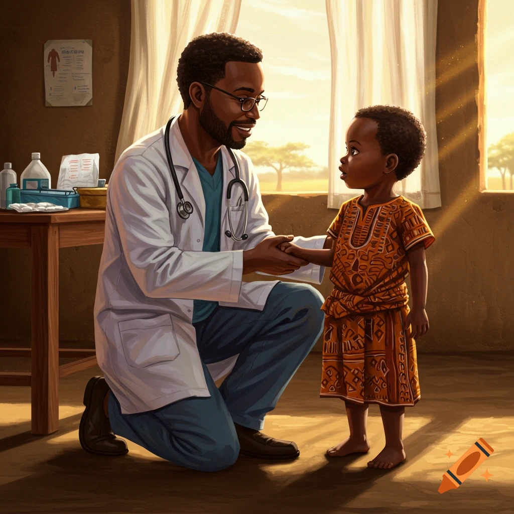 A smiling Black doctor kneels, holding a young child's hands in a warm, sunlit room, digital illustration.