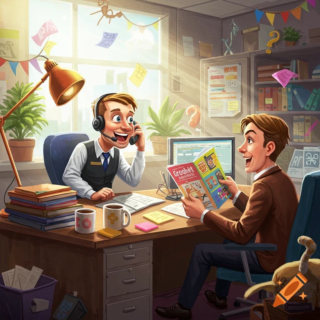 Two cartoon men in an office. One in a headset talks on the phone, the other reads a magazine, both smiling. The office is decorated with colorful flags and has plants and office supplies.