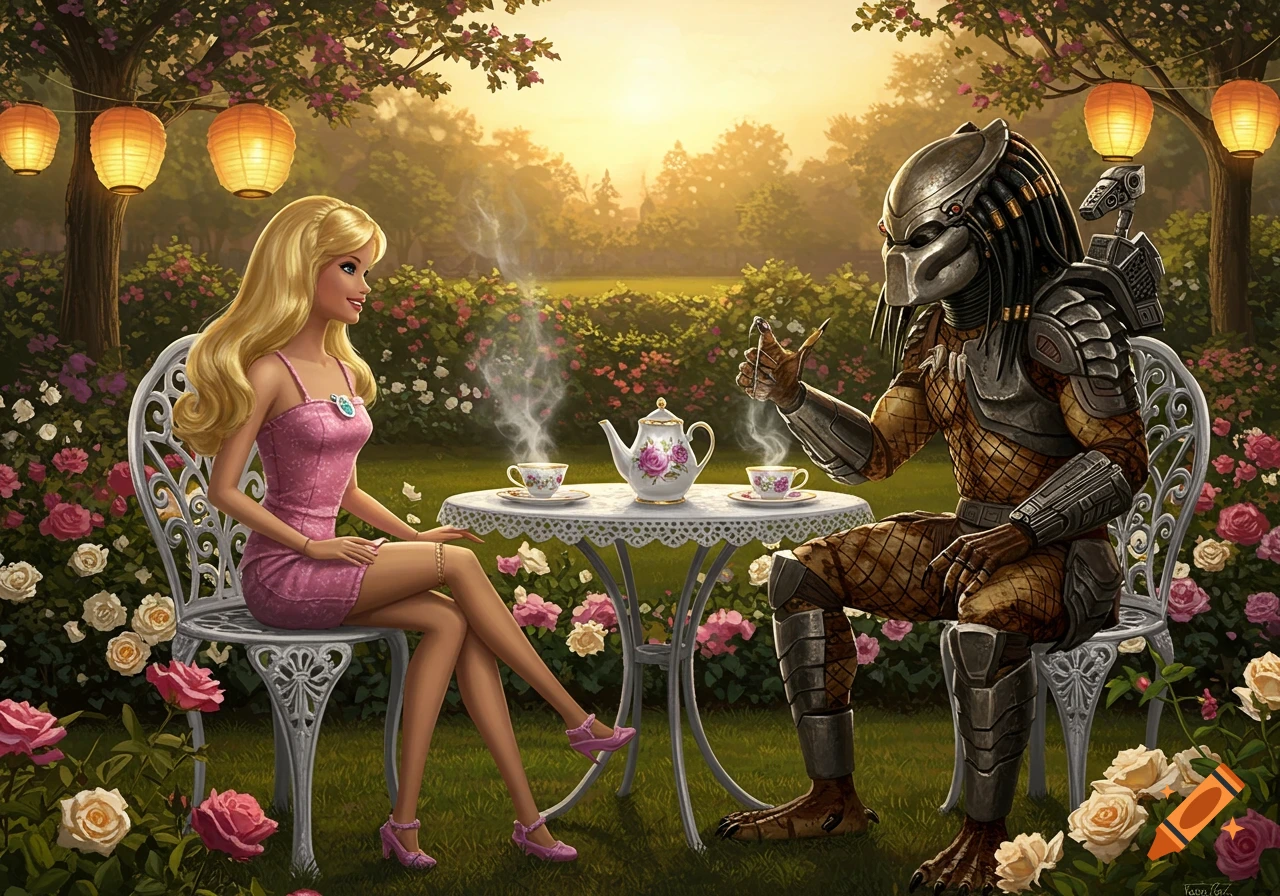 Barbie and the Predator sit at a small white table, having tea in a lush, rose-filled garden at sunset with paper lanterns strung above them.