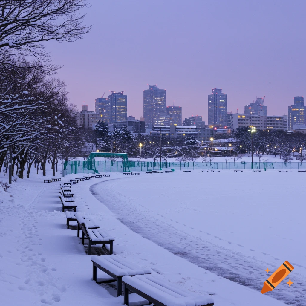 A snowy winter park at dusk with bare trees, benches, and a city skyline in the background.