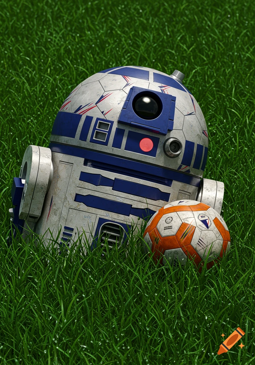 Photorealistic R2D2 with a soccer-themed head sits in green grass next to an orange and white soccer ball.