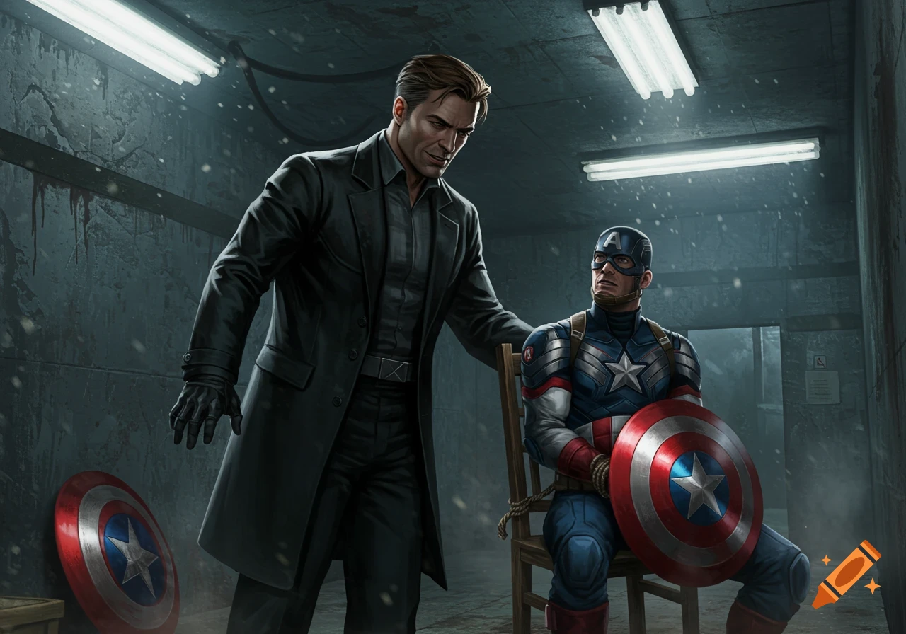 Sidewinder leans over a tied-up Captain America in a dark, grimy cell, in a comic art style.