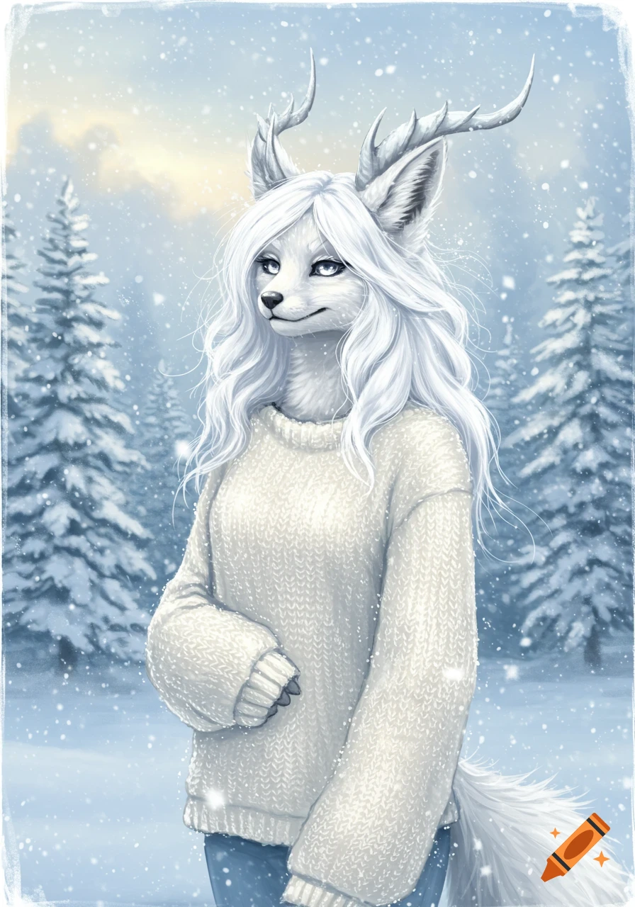 An illustration of a white humanoid fox with long white hair and horns, wearing a white sweater in a snowy winter forest.
