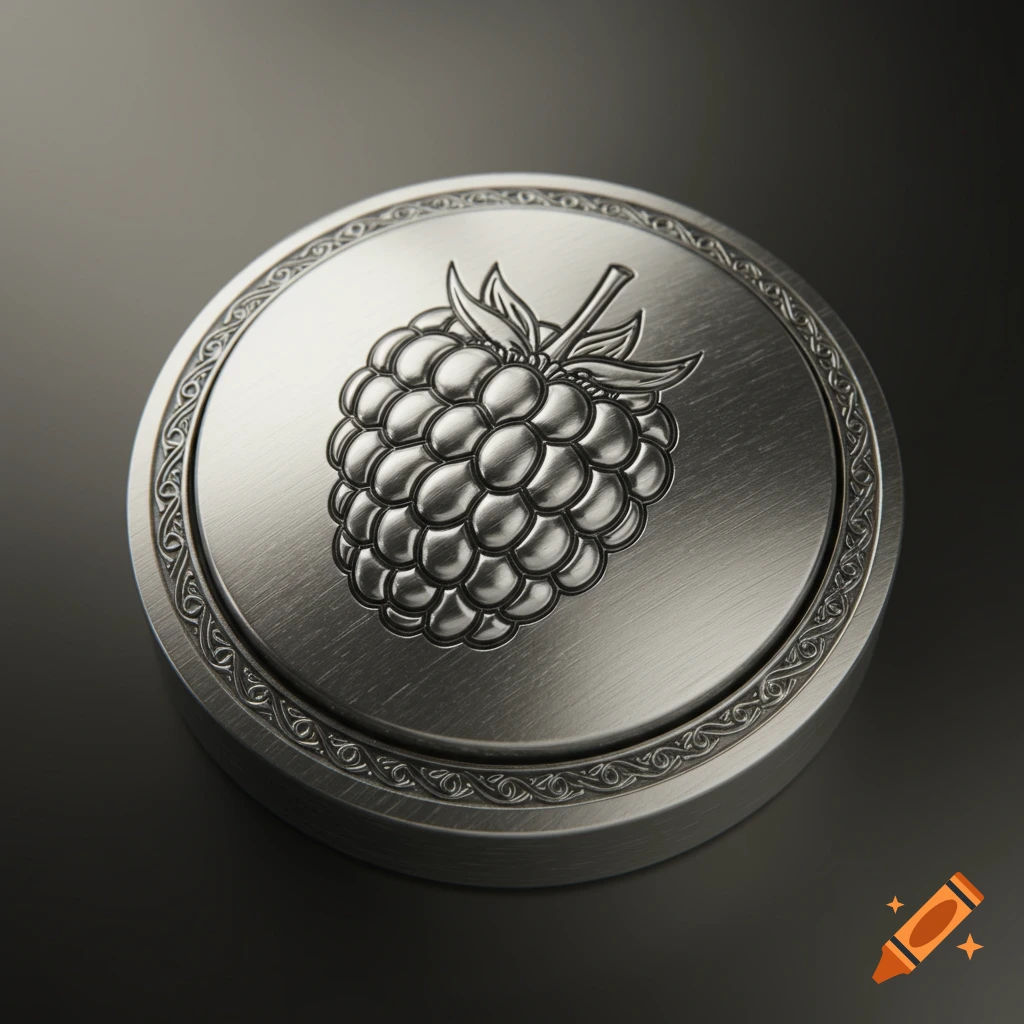 A round, brushed metal button featuring a detailed engraving of a raspberry in the center, surrounded by an ornate border.