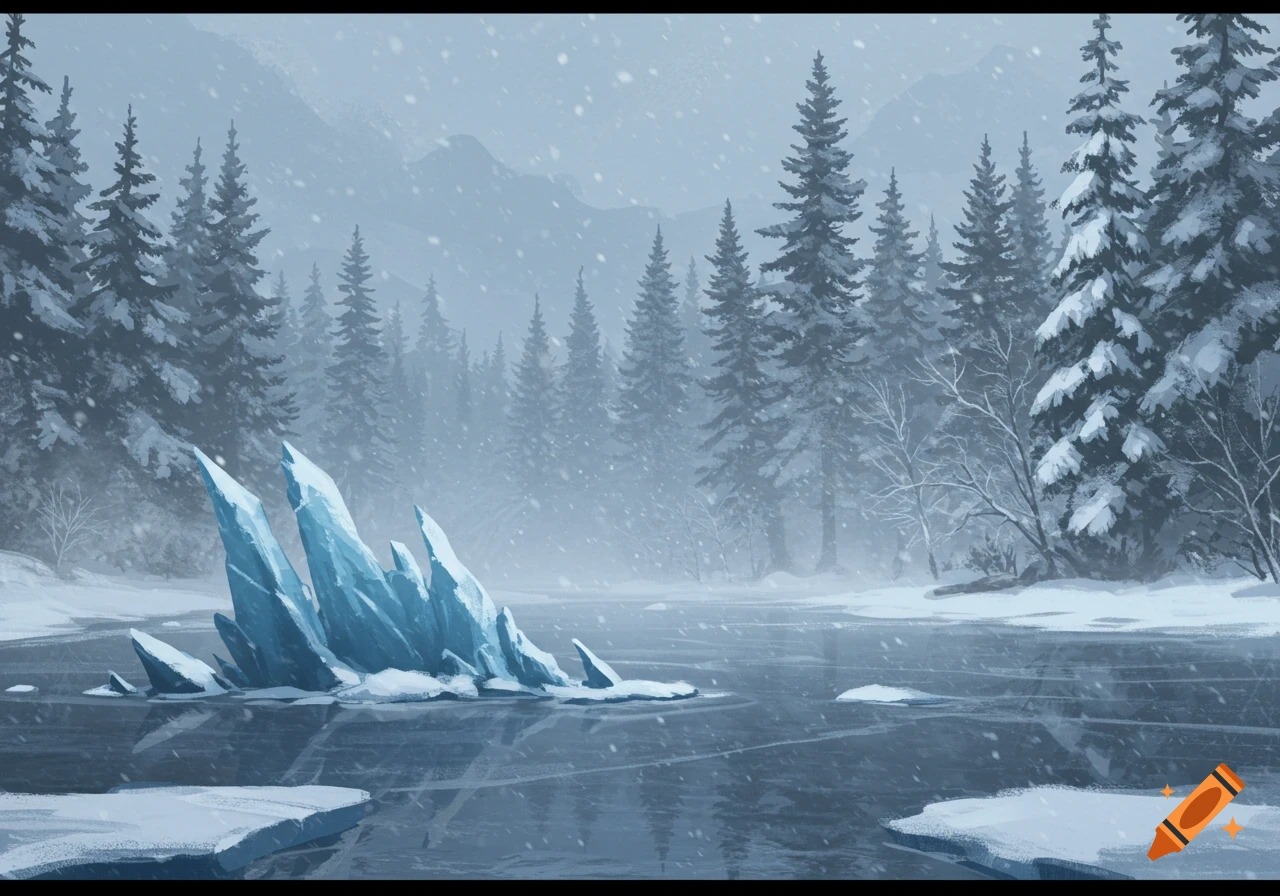 A serene winter landscape with snow falling over a frozen lake, large ice shards, and pine trees under misty mountains. Digital painting.