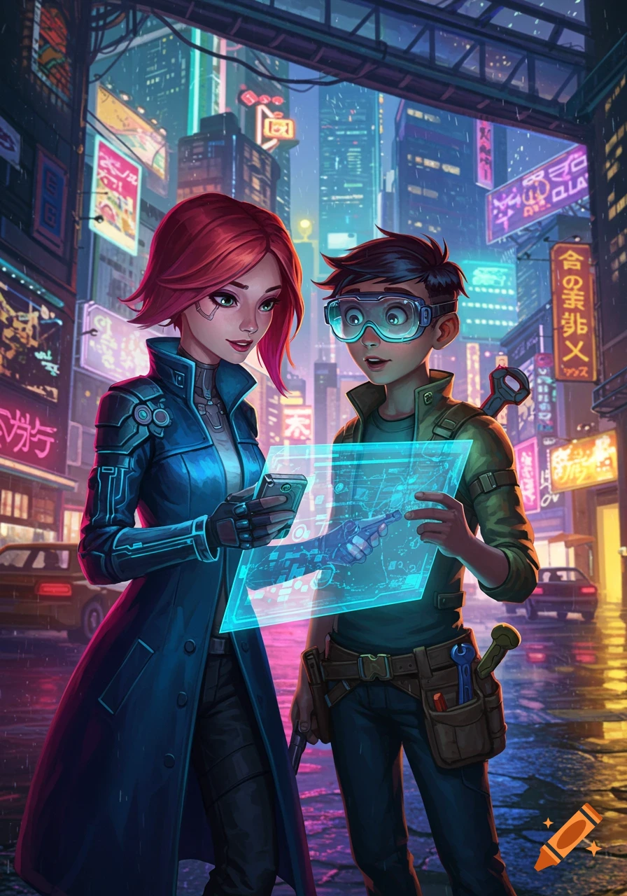A woman and a boy in a neon-lit cyberpunk city, looking at a glowing holographic screen with a diagram. The woman has red hair and wears a trench coat; the boy wears goggles and has a tool belt.