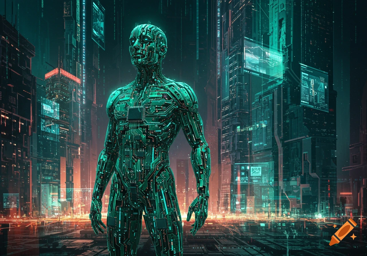 A humanoid figure made of glowing green circuit boards stands in a dark, futuristic cityscape with neon lights.