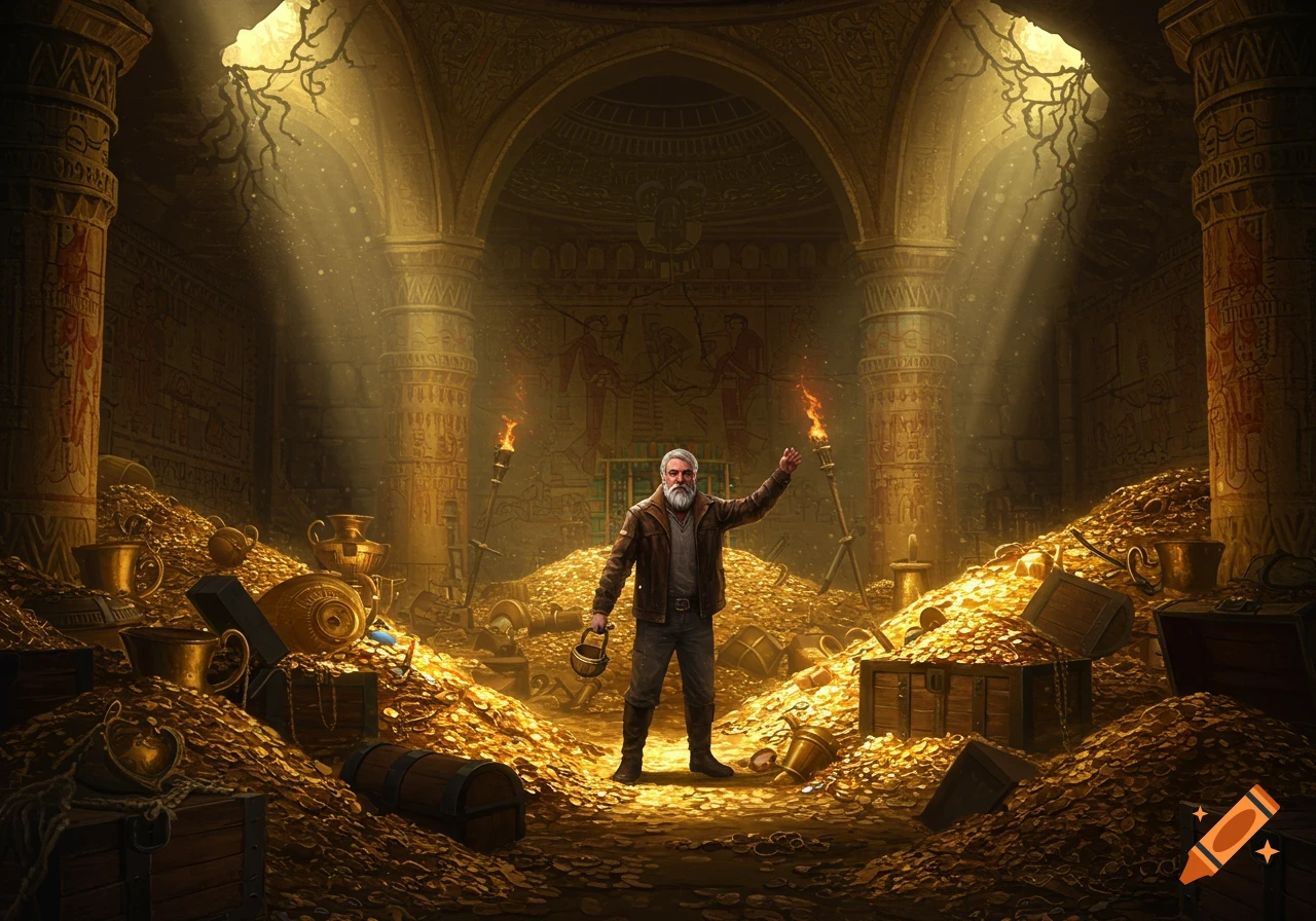 A bearded man stands in a golden treasure chamber filled with coins and artifacts, illuminated by light shafts and torches in an ancient, ornate ruin.