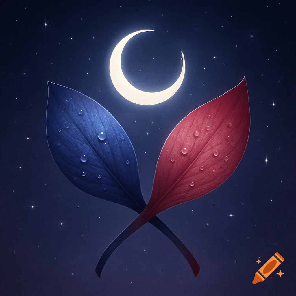 Two crossing blue and red leaves with water droplets under a glowing crescent moon in a starry night sky.