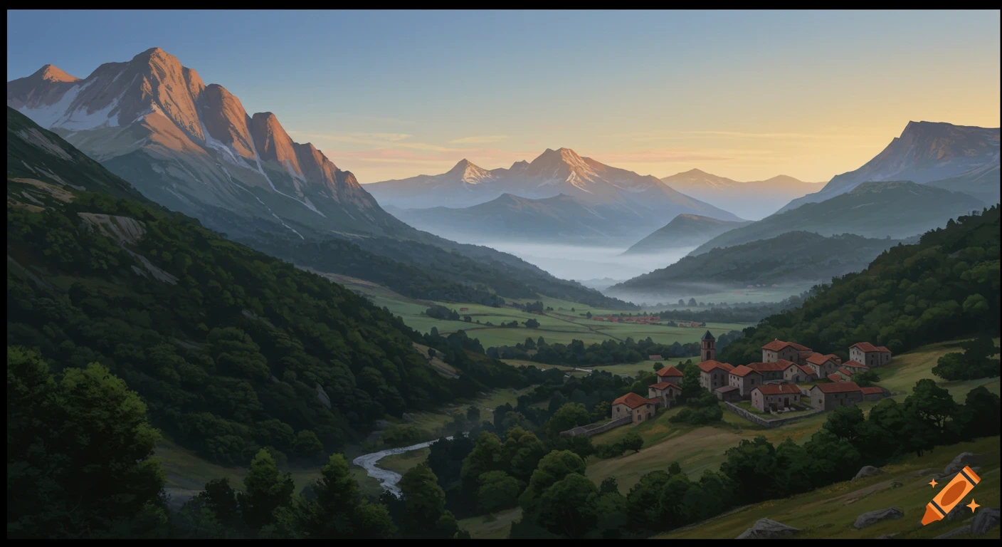 Scenic painting of a mountain valley with a winding river, green forests, and a small village at sunset.