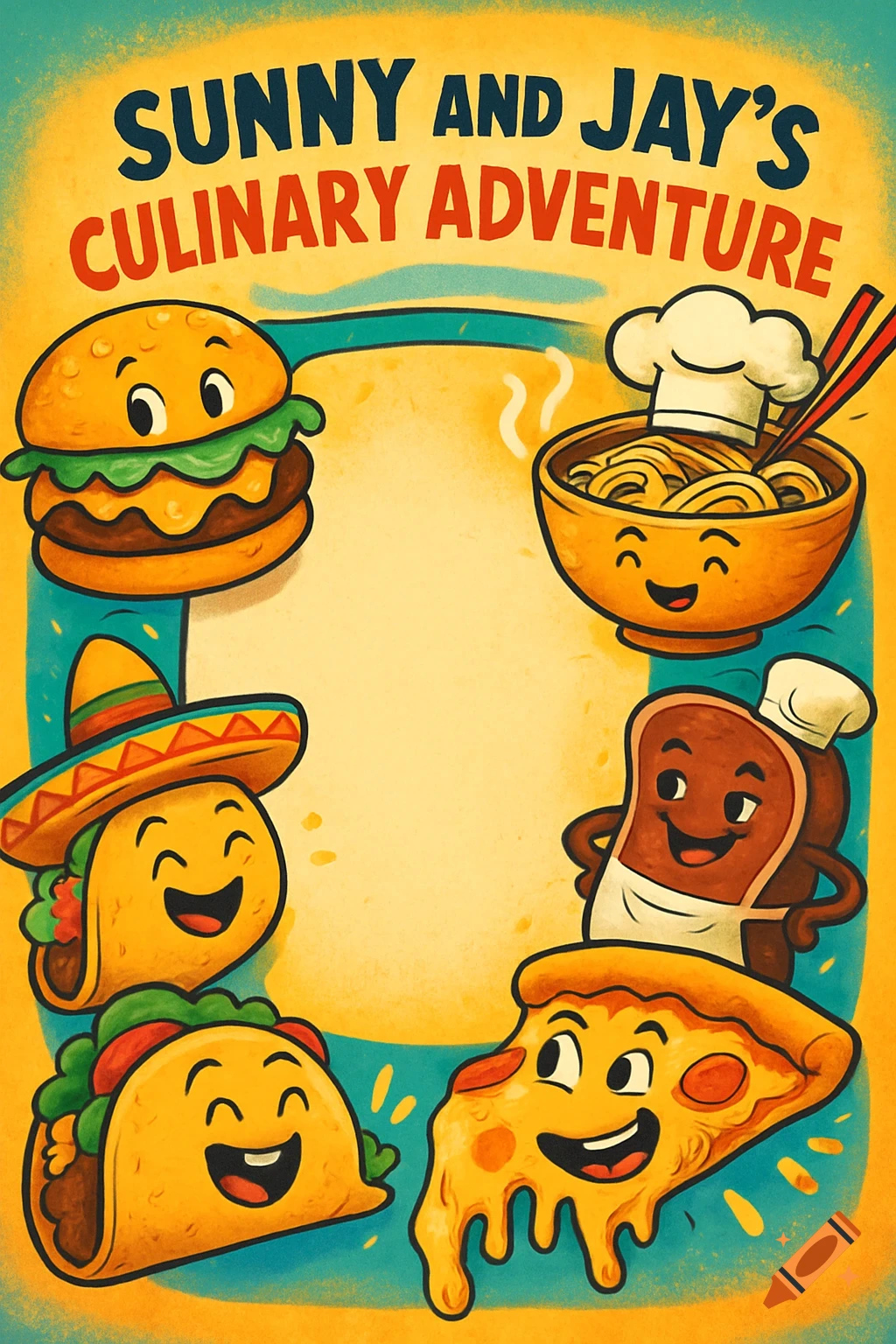 A colorful cartoon illustration of various happy food characters like a burger, ramen, tacos, pizza, and toast surrounding a blank central space, with the title "SUNNY AND JAY'S CULINARY ADVENTURE" at the top.