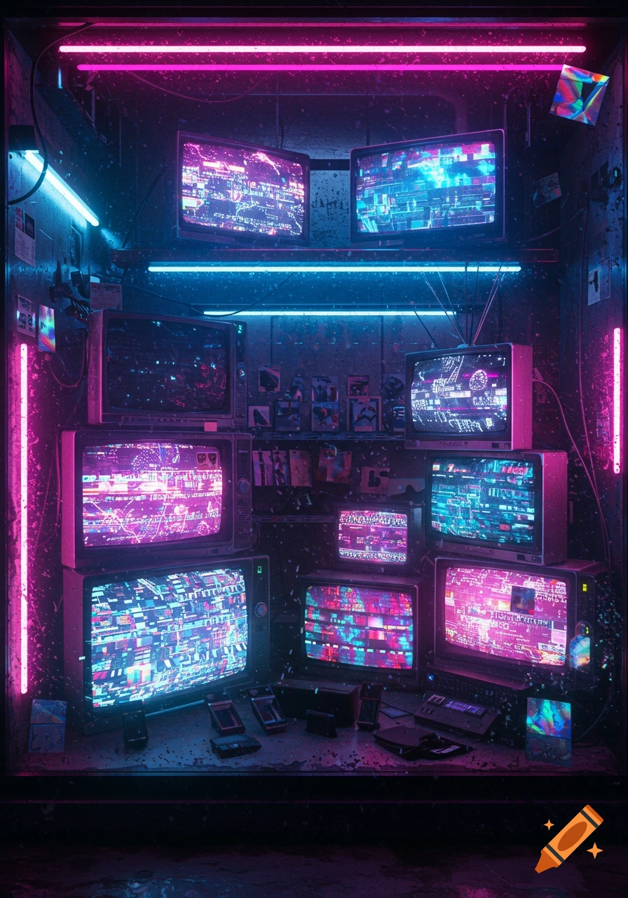 A cyberpunk shop window display features multiple old-fashioned TVs glowing with purple and blue digital static and data, surrounded by neon lights.