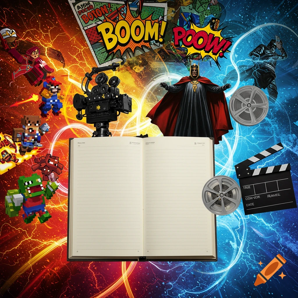 A dynamic collage with a red and blue lightning background. Elements include Minecraft-style characters, comic book speech bubbles saying "BOOM!" and "POOW!", an old film camera, a clapperboard, film reels, an open notebook, and a cloaked figure.